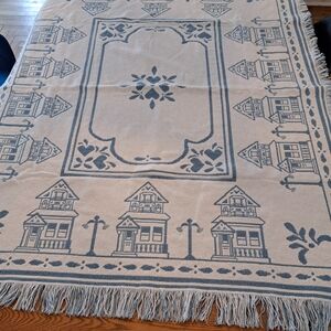 Vintage Fringed Decorative Home Dining Throw  in Cream and Blue 43 X 50 Inch